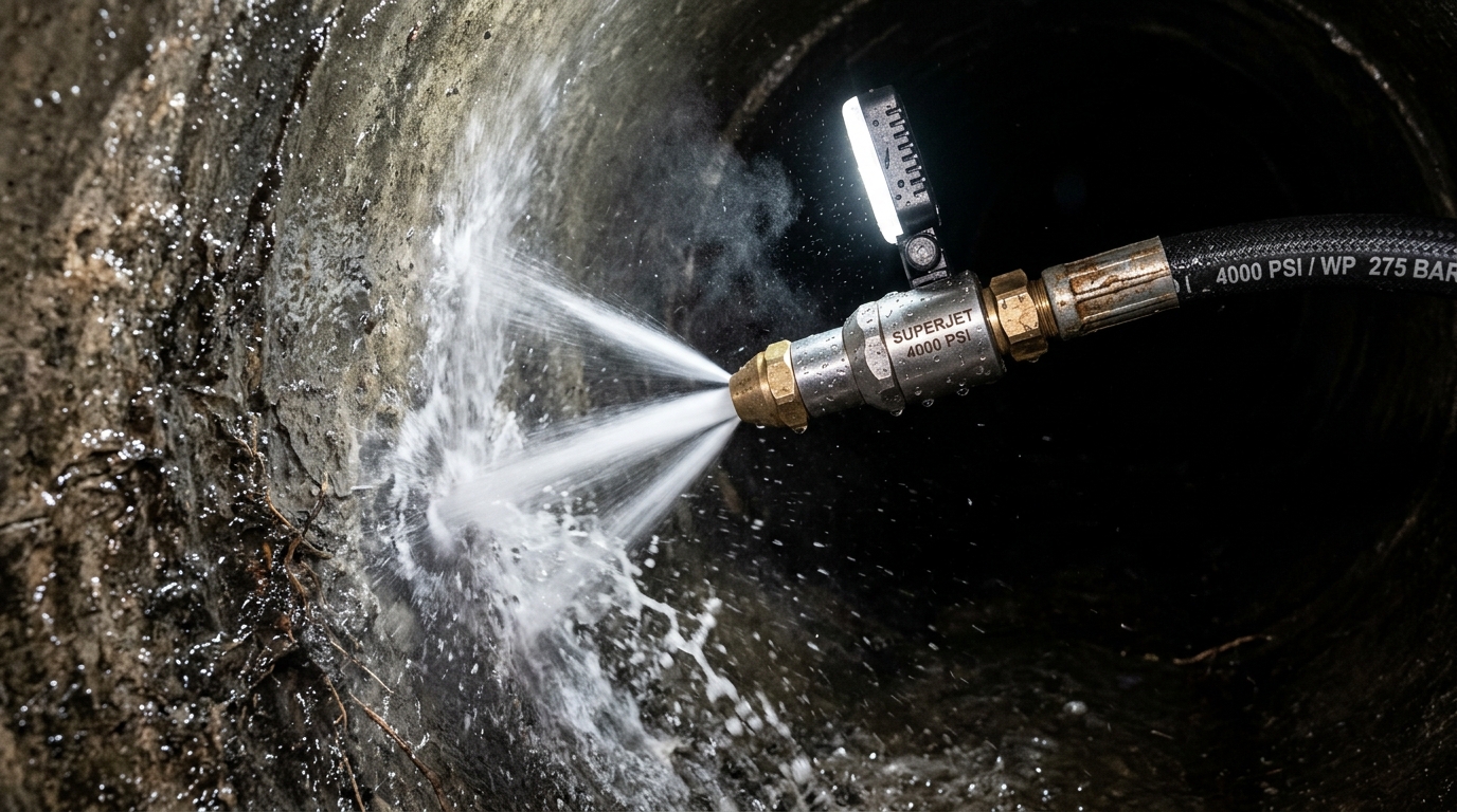 High-pressure hydro jetting at 4000 PSI inside sewer pipe