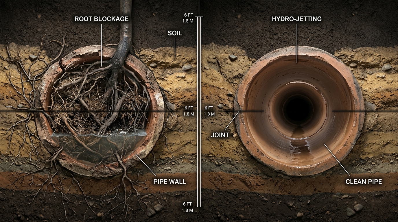 Tree root removal from sewer line
